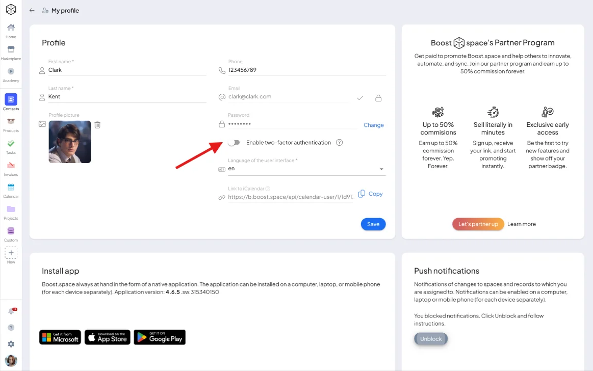 Enabling 2FA in profile settings
