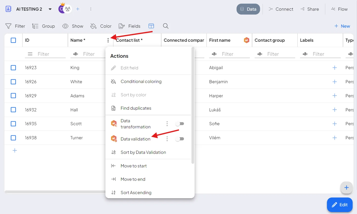 Opening data validation on a column