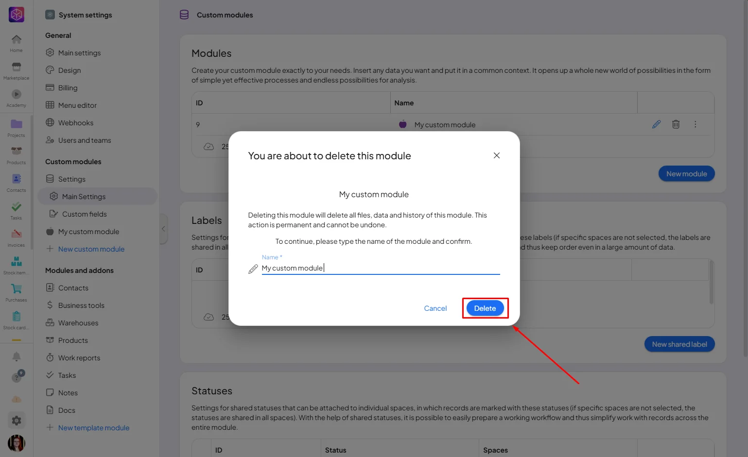Typing the module name to confirm