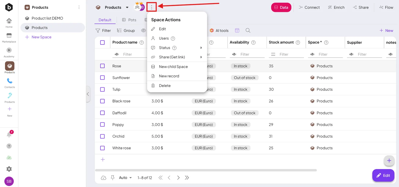 Opening space settings