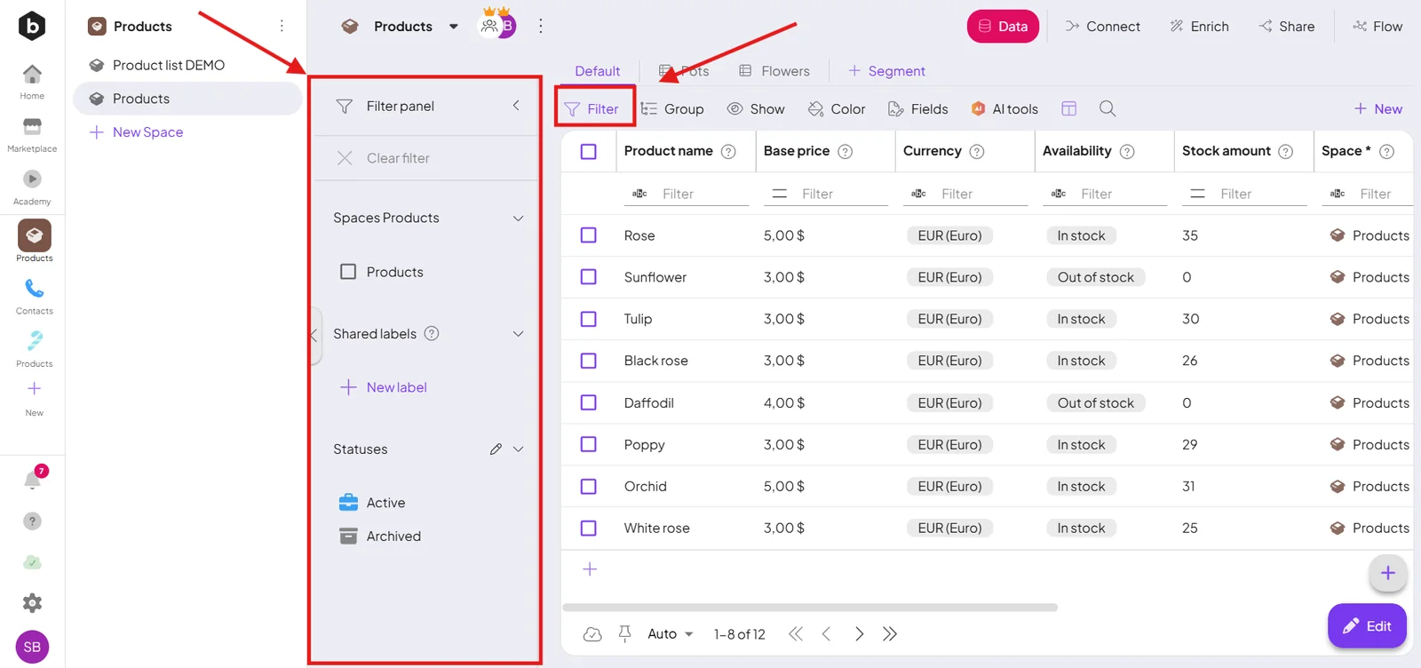 The filtration toolbar