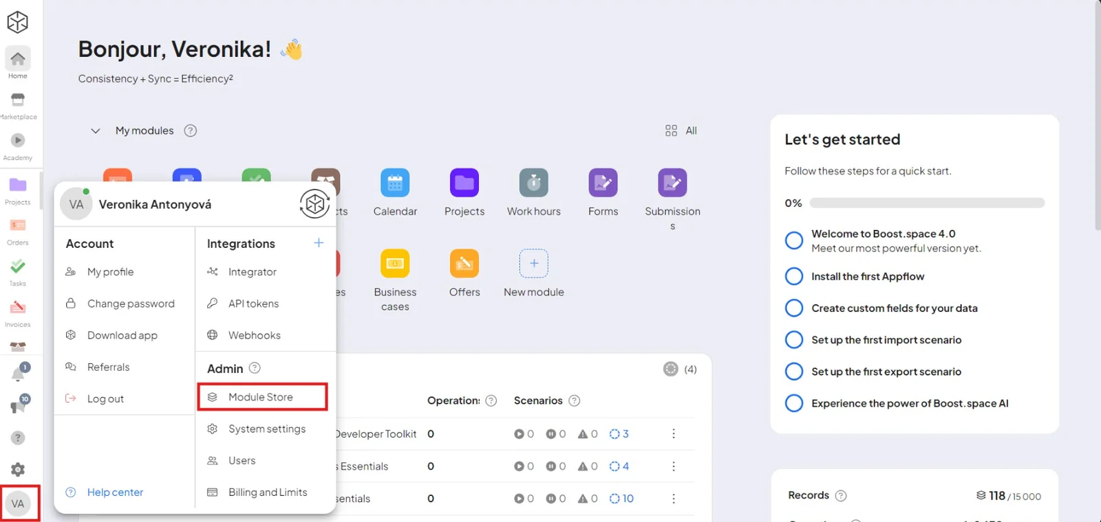 Managing modules in System settings