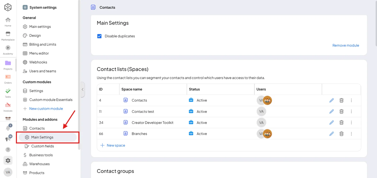 A module's settings in System settings