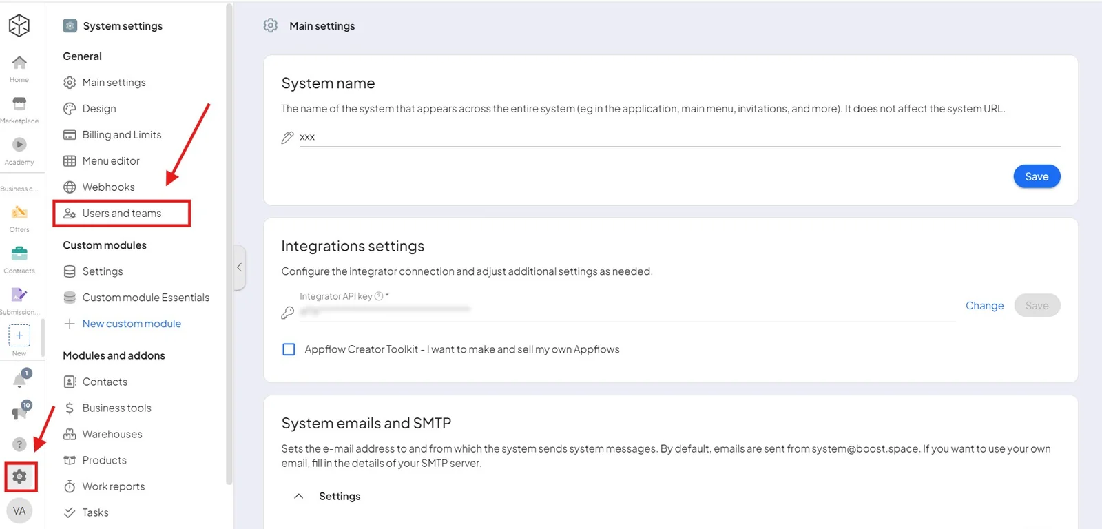 The Users and teams settings
