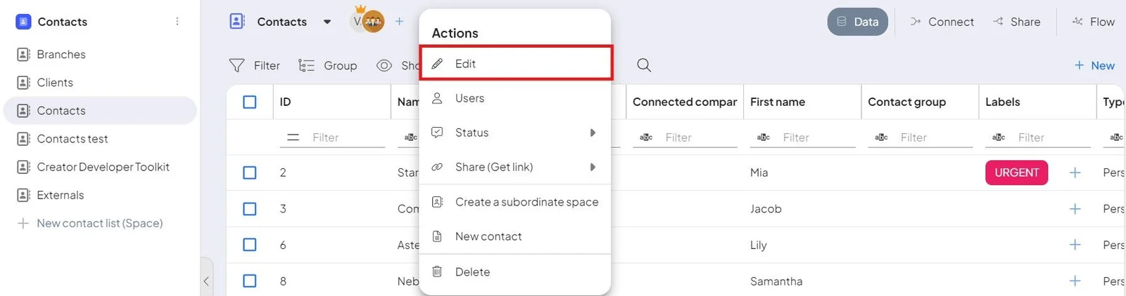 Editing a space from the top bar